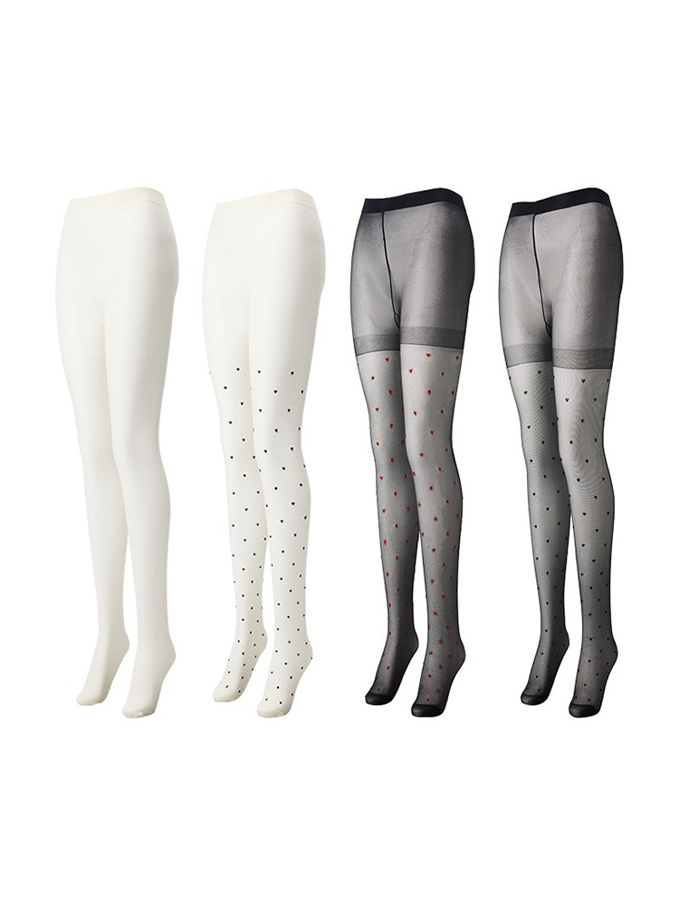 Heart Womens Sheer Black White Patterned Pantyhose Stockings - Yangma
