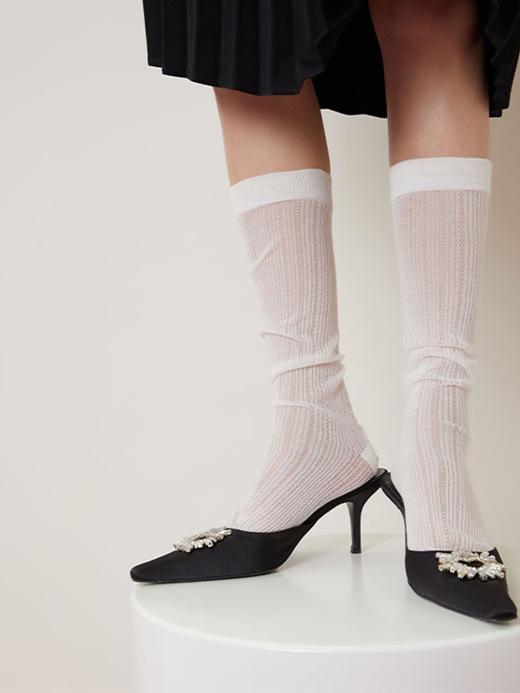 Lady's Mesh Knee High Stocking Mcool Mary Cotton Trouser Socks - Yangma