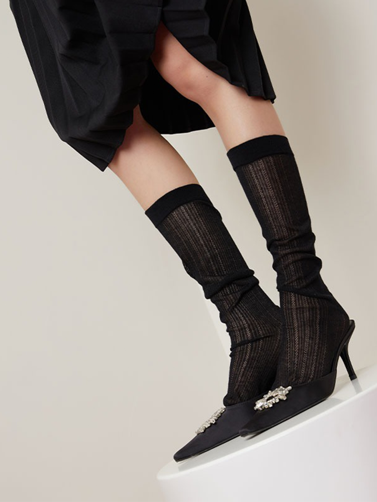 Lady's Mesh Knee High Stocking Mcool Mary Cotton Trouser Socks - Yangma