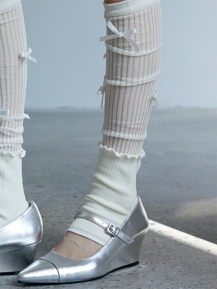 Ruffles Long Stirrup Bowknot Yoga Leg Warmers Knee High Ribbed Knit for Lady - Yangma