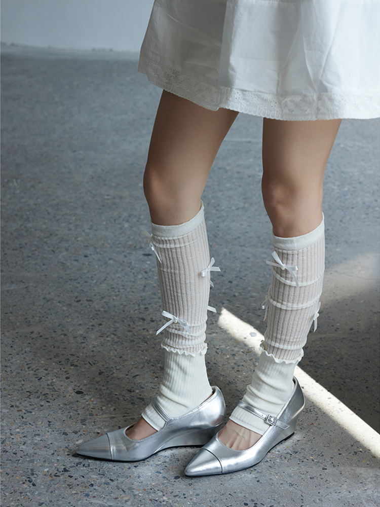 Ruffles Long Stirrup Bowknot Yoga Leg Warmers Knee High Ribbed Knit for Lady - Yangma