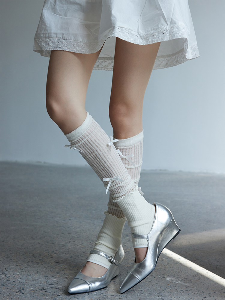 Ruffles Long Stirrup Bowknot Yoga Leg Warmers Knee High Ribbed Knit for Lady - Yangma