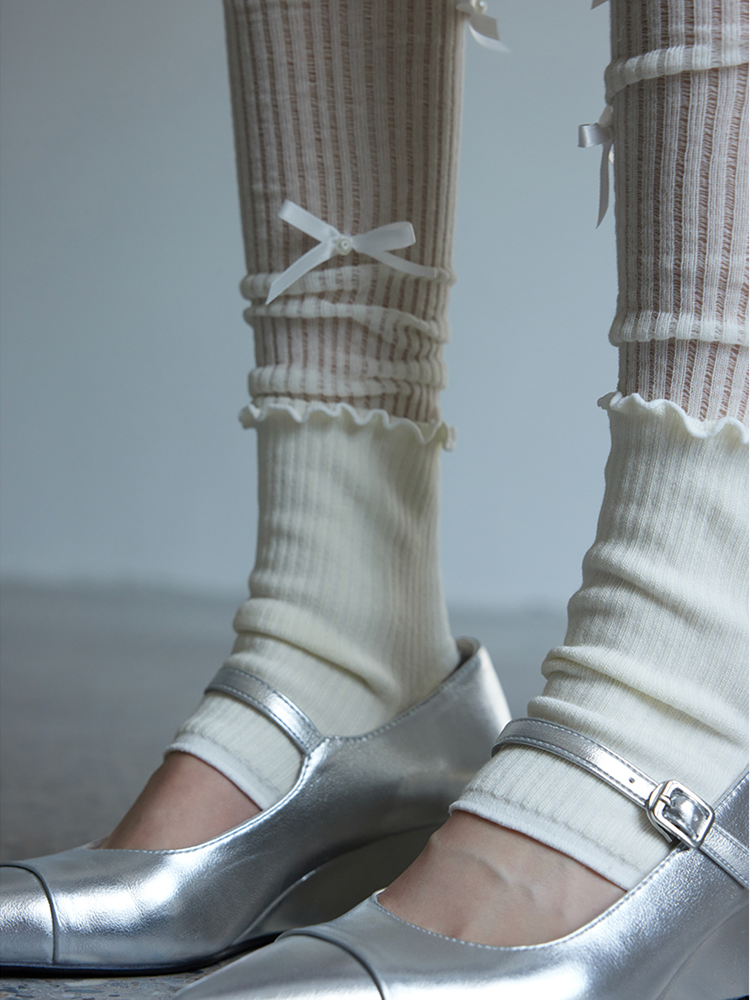 Ruffles Long Stirrup Bowknot Yoga Leg Warmers Knee High Ribbed Knit for Lady - Yangma