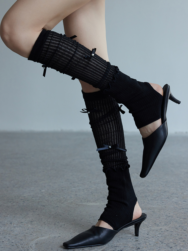 Ruffles Long Stirrup Bowknot Yoga Leg Warmers Knee High Ribbed Knit for Lady - Yangma