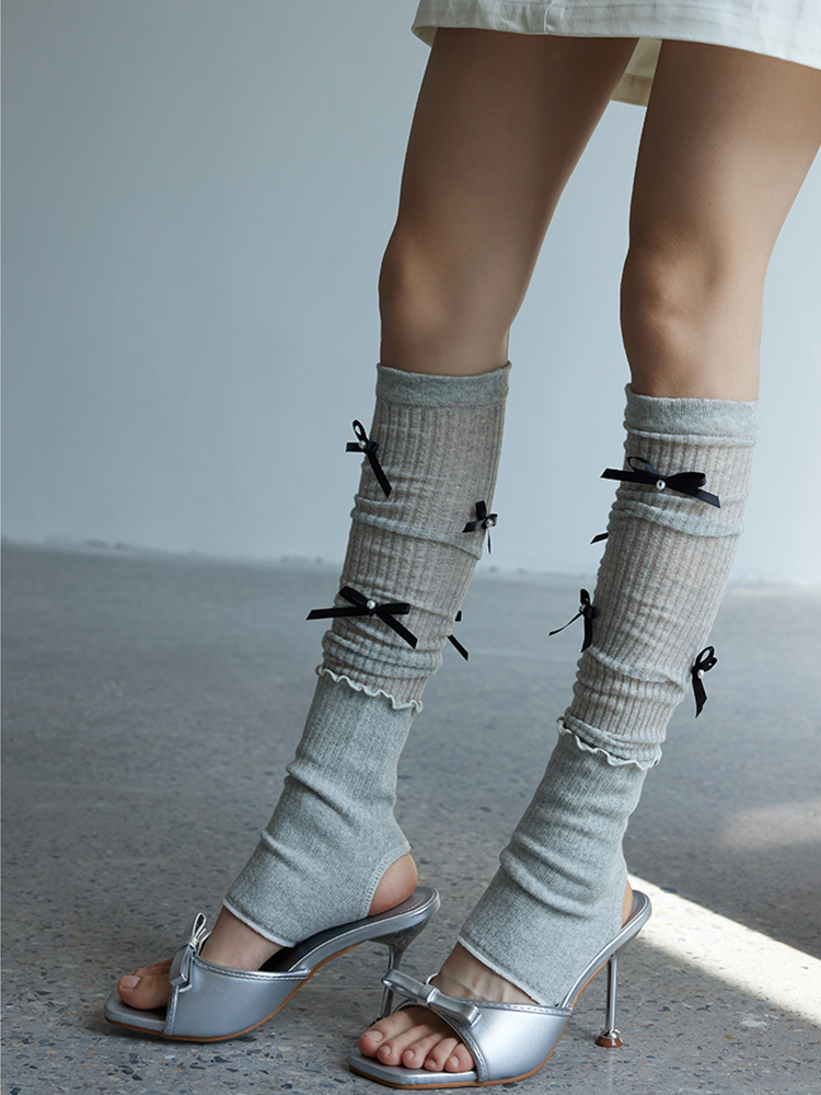 Ruffles Long Stirrup Bowknot Yoga Leg Warmers Knee High Ribbed Knit for Lady - Yangma