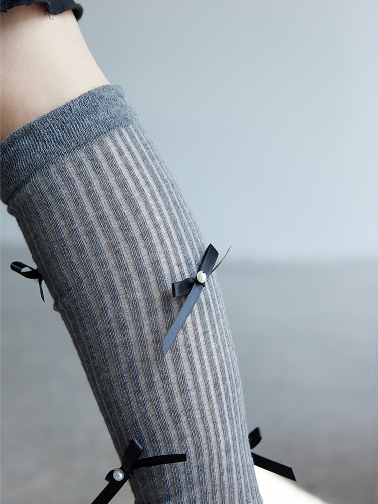 Ruffles Long Stirrup Bowknot Yoga Leg Warmers Knee High Ribbed Knit for Lady - Yangma