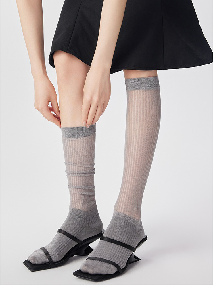French Knee High Stocking for Women Stripe Nylon Trouser Socks - Yangma