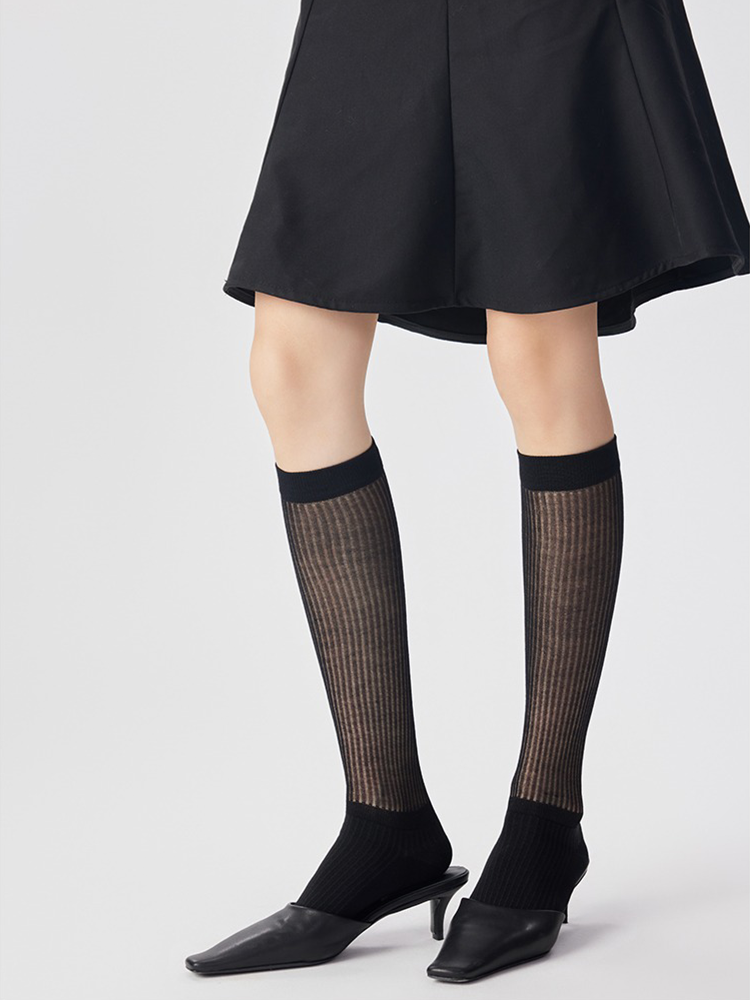 French Knee High Stocking for Women Stripe Nylon Trouser Socks - Yangma