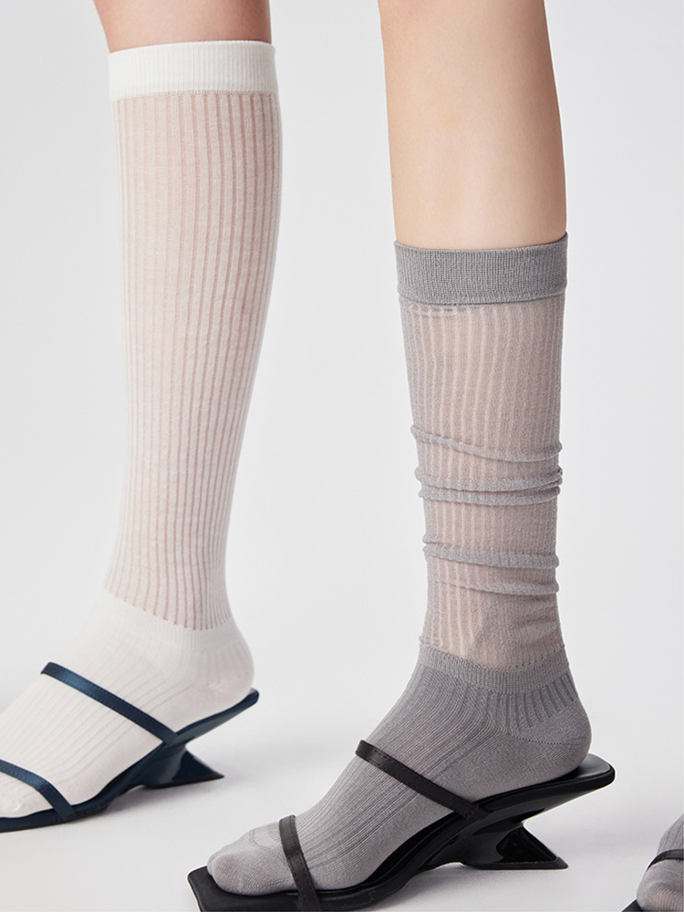 French Knee High Stocking for Women Stripe Nylon Trouser Socks - Yangma
