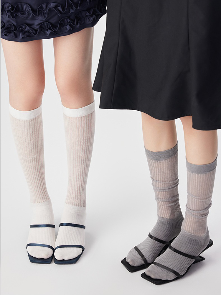 French Knee High Stocking for Women Stripe Nylon Trouser Socks - Yangma