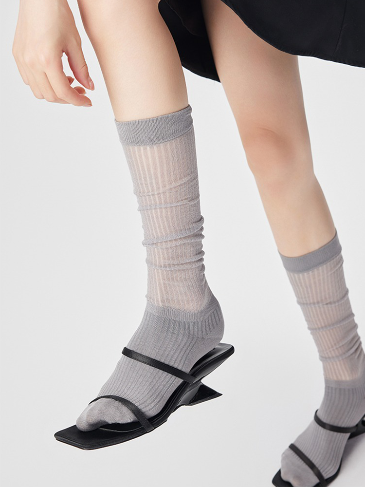 French Knee High Stocking for Women Stripe Nylon Trouser Socks - Yangma