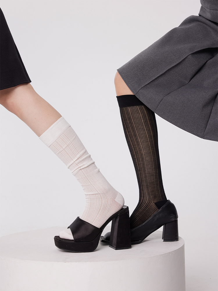 Lady's Knee High Sheer Stocking Stripe Light Trouser Socks - Yangma