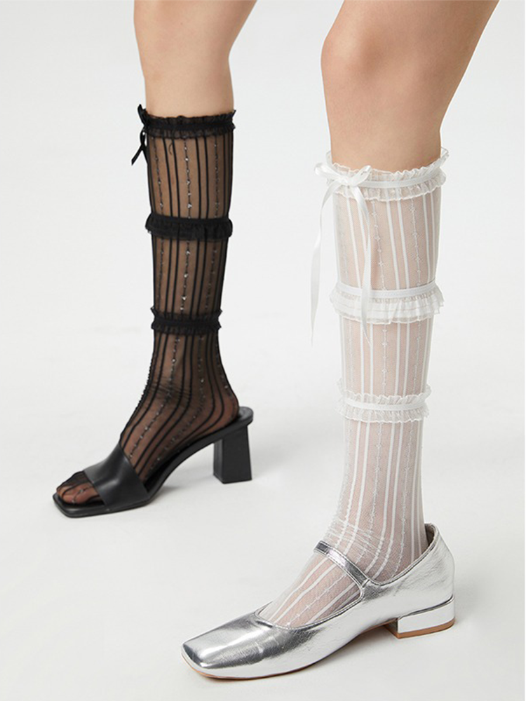 Ruffle Lace up Bowknot Lady's Knee High Stocking - Yangma