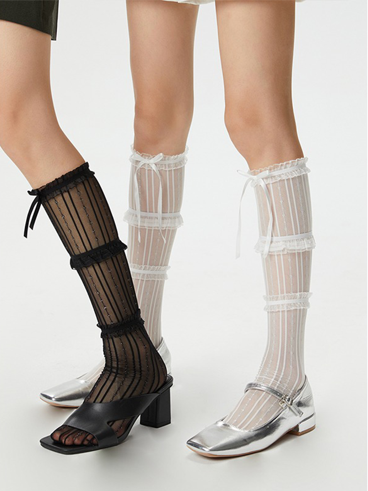 Ruffle Lace up Bowknot Lady's Knee High Stocking - Yangma