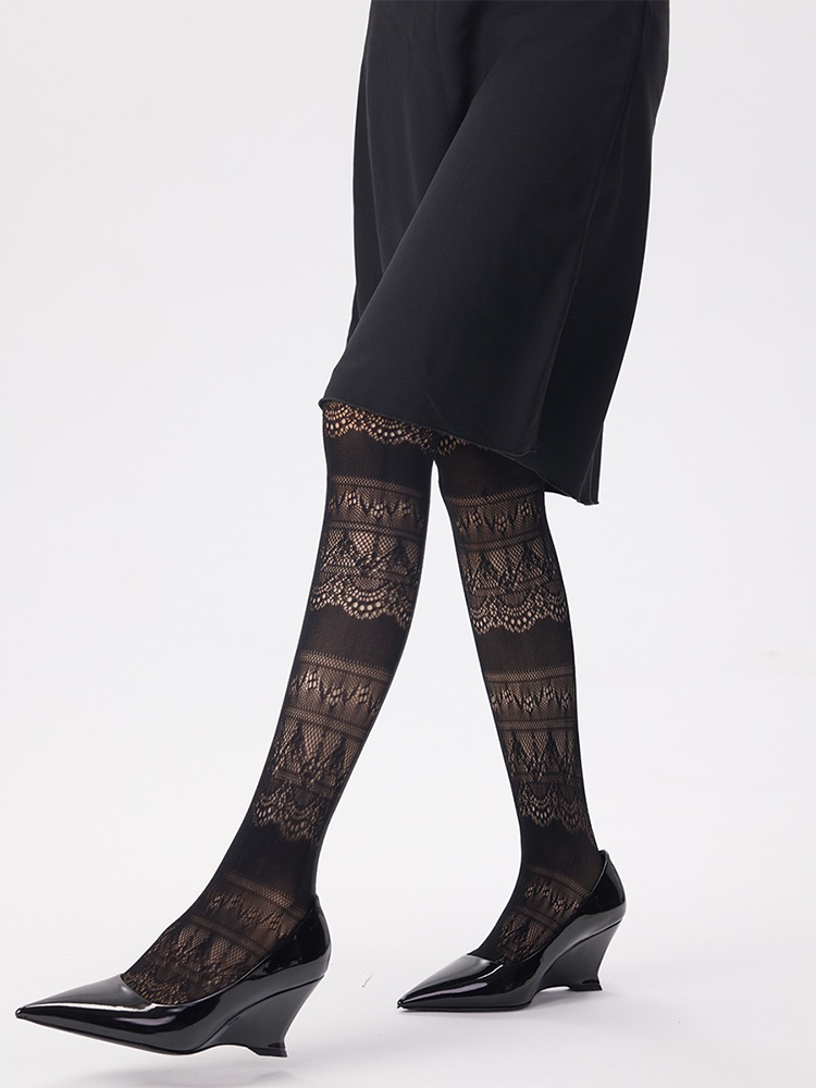 Y2K Lolita Women Lace Pattern Tights Black Net Stockings Pantyhose - Yangma