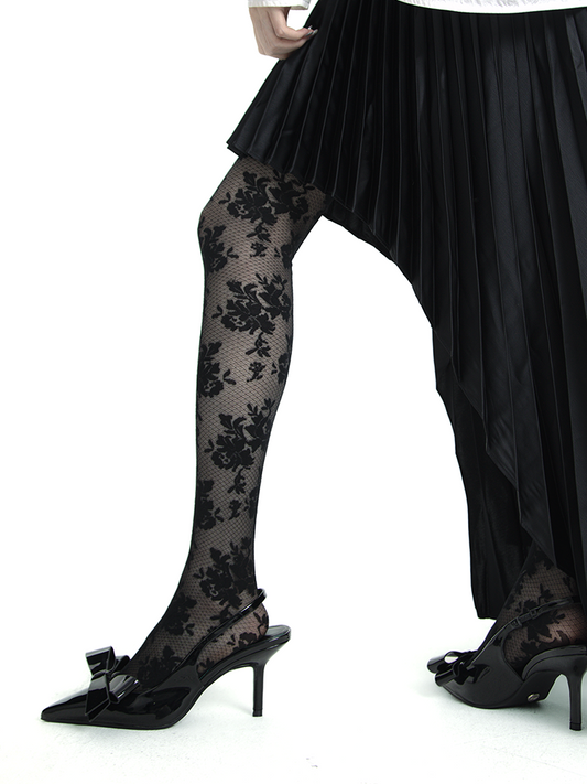 Plaid Floral Branch Leaf Small Mesh Black Fishnet Pantyhose Tights - Yangma