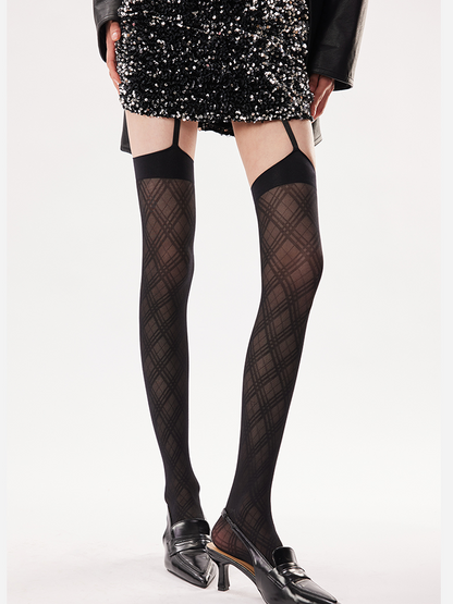 Spicy Diamond Pattern Lace Suspender Pantyhose Thigh-High One-Piece Stockings - Yangma