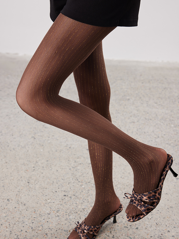 Glossy Tight Stockings with Silver Stripes Vertical Pattern - Yangma