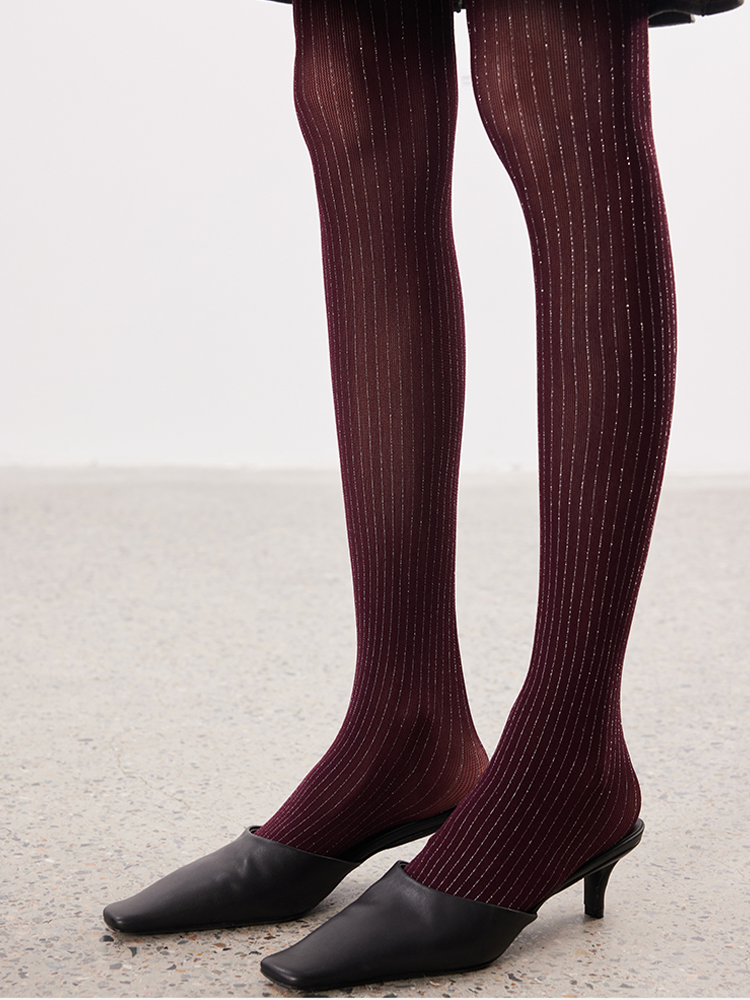 Glossy Tight Stockings with Silver Stripes Vertical Pattern - Yangma