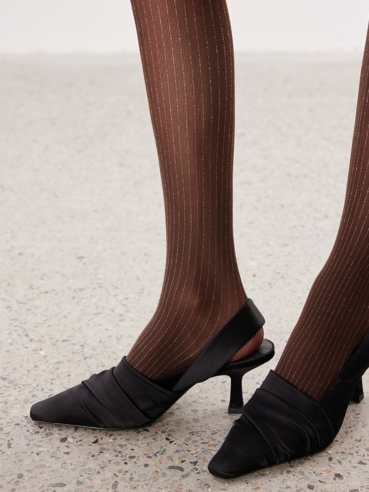 Glossy Tight Stockings with Silver Stripes Vertical Pattern - Yangma