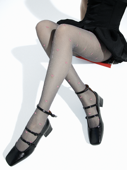 Sheer Gold and Silver Glitter Heart Polka Dot Pantyhose - Yangma