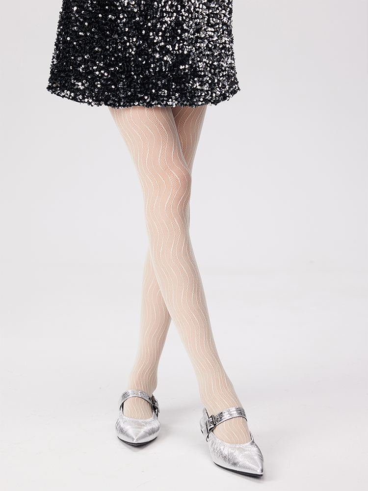 Wave Pattern Sheer Tights Sexy Jacquard Lace Hollow Design - Yangma