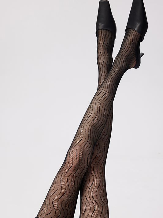 Wave Pattern Sheer Tights Sexy Jacquard Lace Hollow Design - Yangma
