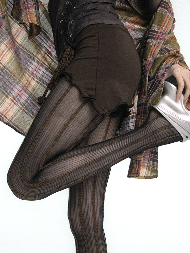 Y2K Heart Chain Striped Gray-Purple Melange Brown Pantyhose Tights - Yangma