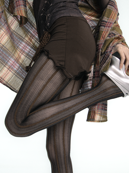 Y2K Heart Chain Striped Gray-Purple Melange Brown Pantyhose Tights - Yangma