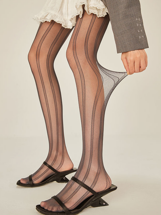 Sheer Lace Pantyhose with Vertical Striped Fishnet Design - Yangma