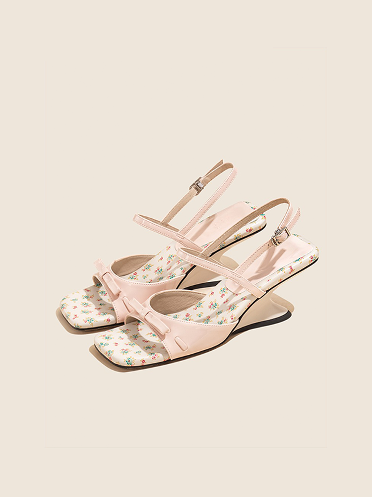 Floral Wedge Sandals with Bow & Block Heel